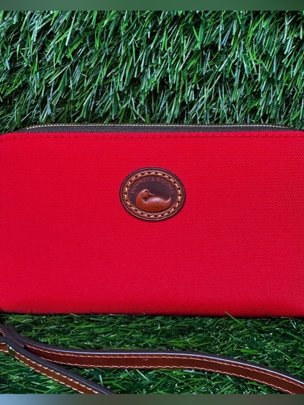 Dooney & Bourke Nylon Zip Around Wristlet Wallet Clutch Red Brown Leather Tassel